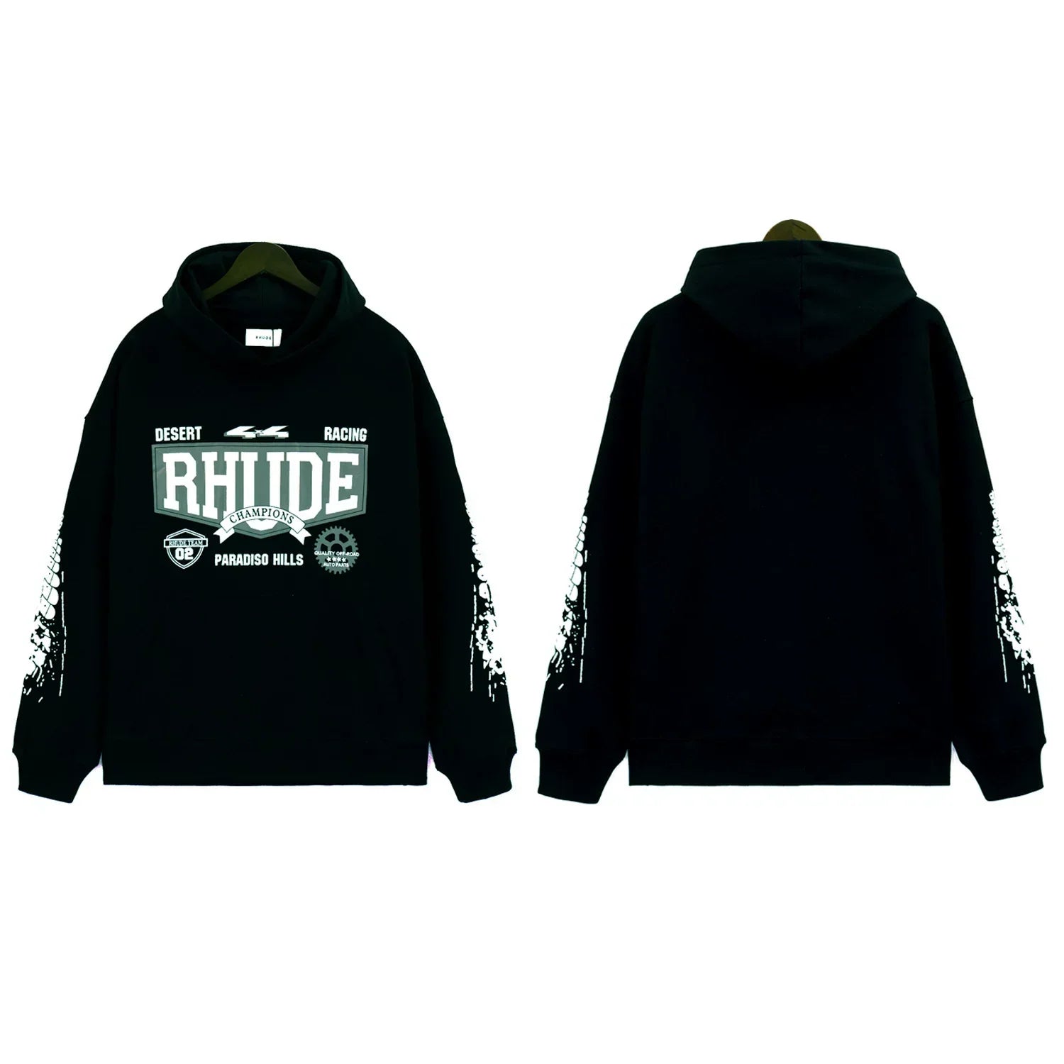 RHUDE Multi‑Badge Racing Sleeve Hoodie Black