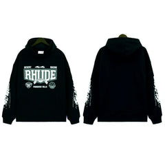 RHUDE Multi‑Badge Racing Sleeve Hoodie Black