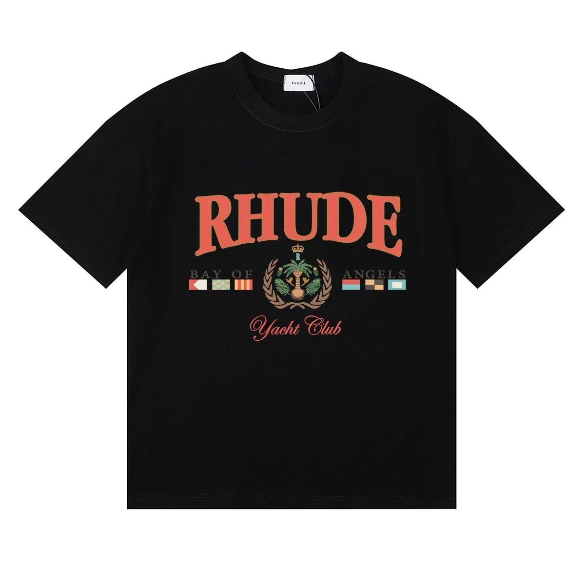 Rhude Yacht Club Bay Of Angels Flag Crest Vintage Black Oversized T‑Shirt